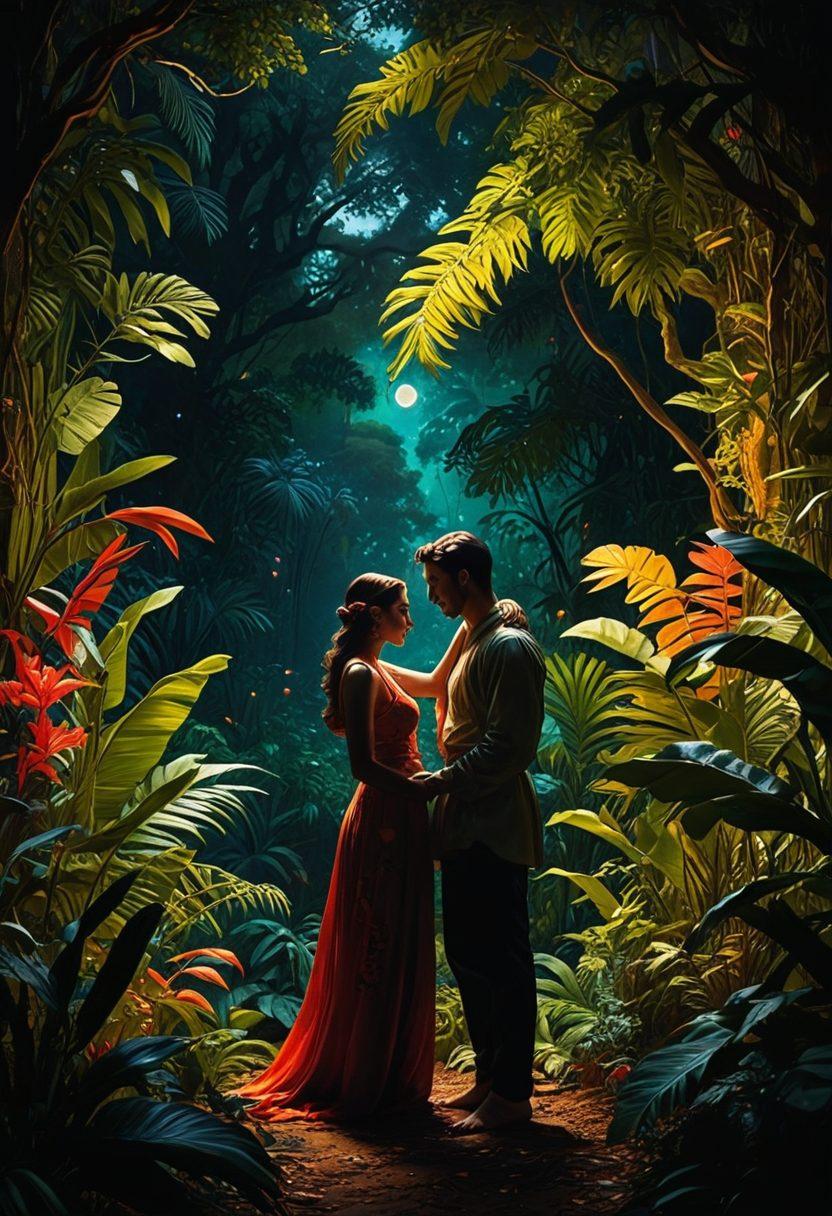 A captivating scene of two silhouetted figures entwined under a moonlit sky, surrounded by lush jungle foliage. The background features exotic animals subtly integrated into the scene, symbolizing untamed nature and sensuality. Soft, glowing lights illuminate the figures, enhancing their intimate connection. The atmosphere is filled with a sense of adventure and allure. vibrant colors. super-realistic.