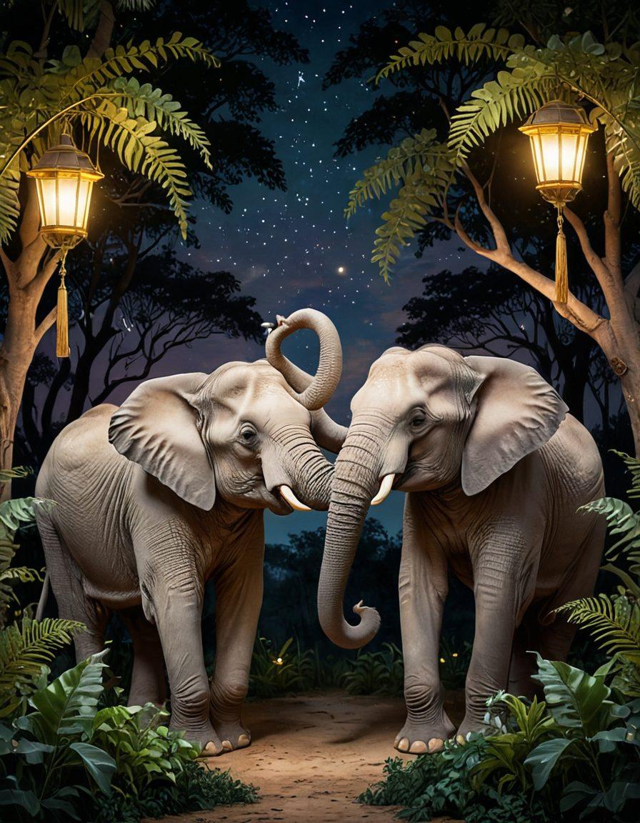 An enchanting scene featuring two elegantly curved elephants playfully entwined with their trunks under a starry night sky, surrounded by lush tropical foliage. Soft, glowing lanterns hang from the trees, casting a warm light on their playful interaction, inviting a sense of flirtation and romance. The background is filled with silhouettes of other wildlife, adding depth to the scene. pastel colors. dreamy. whimsical. vintage illustration.