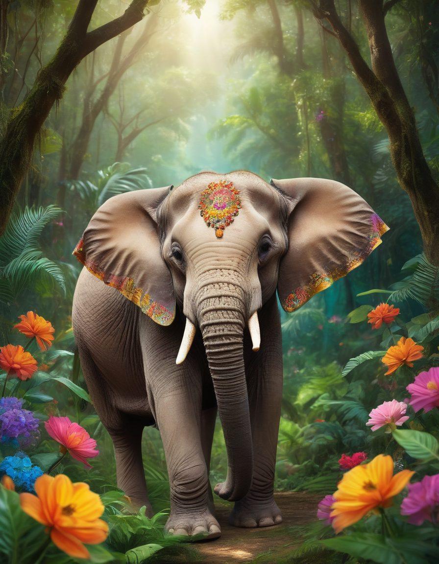 A vibrant and playful scene featuring an elegant elephant adorned with colorful jewelry and flowers, set against a lush jungle backdrop. The elephant is surrounded by couples enjoying a romantic picnic, capturing a sense of passion and adventure. Incorporate elements of fun and intimacy, such as playful poses and laughter. The atmosphere should exude warmth and excitement, inviting viewers to embrace their wild side. colorful illustration. digital art.